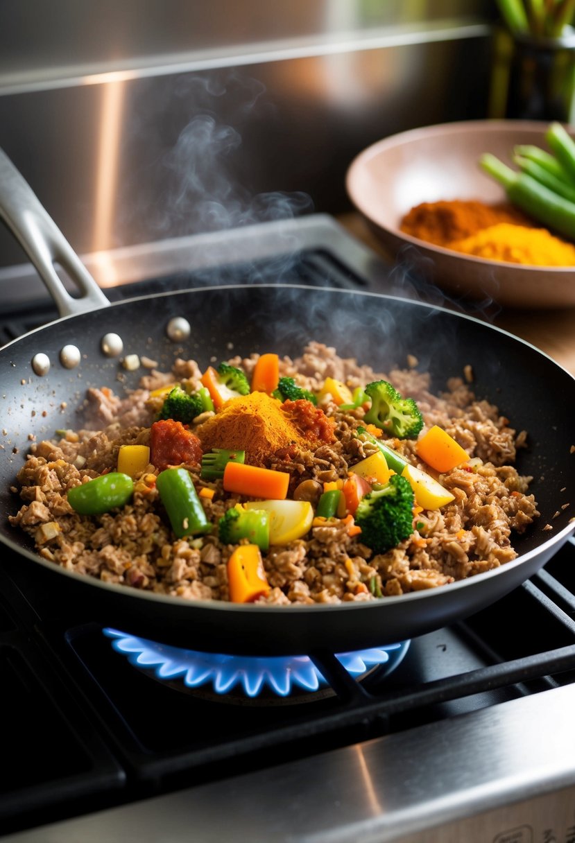 A sizzling stir fry pan with ground turkey, colorful vegetables, and aromatic spices cooking over a hot stove