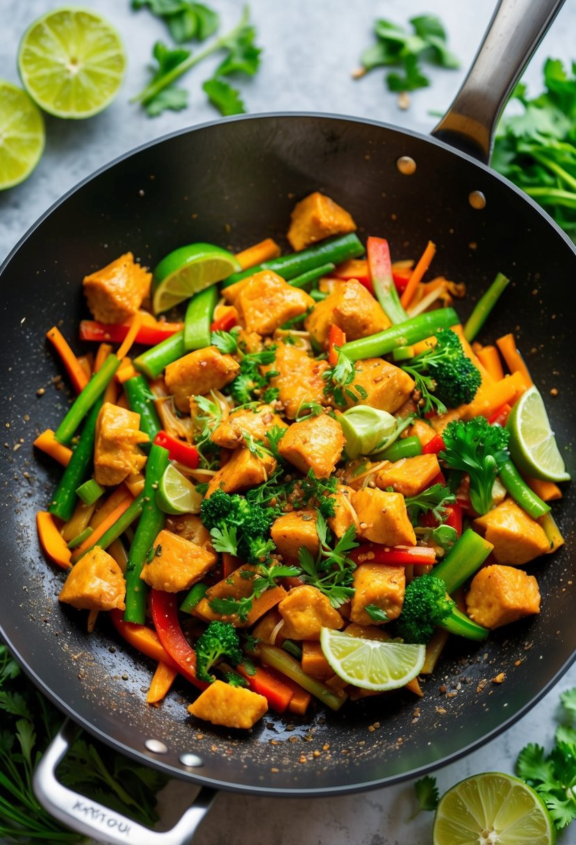 A sizzling wok filled with colorful vegetables, chunks of tender chicken, and zesty lime sauce, surrounded by fragrant Thai herbs and spices