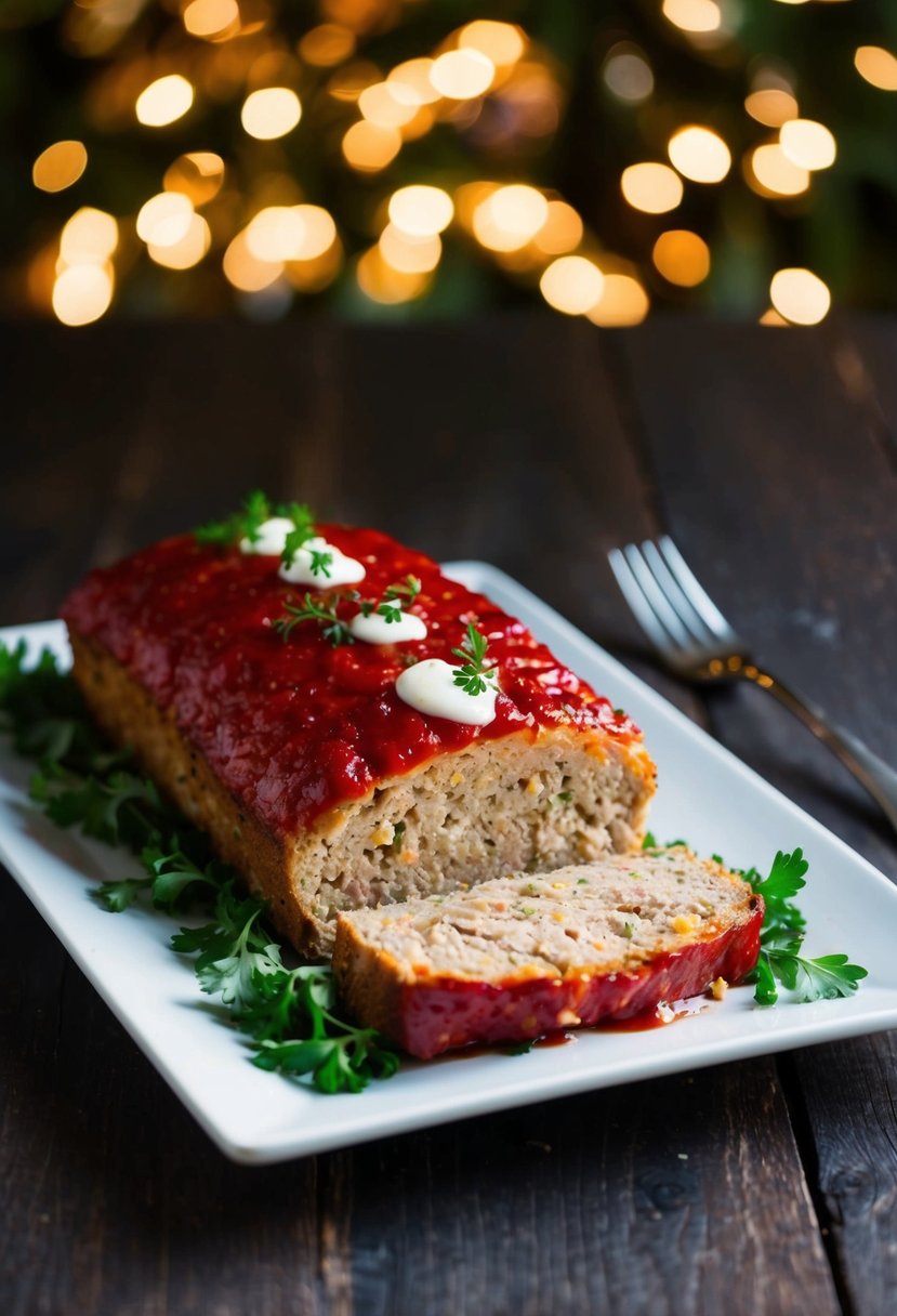 A platter of freshly baked turkey meatloaf with simple garnishes