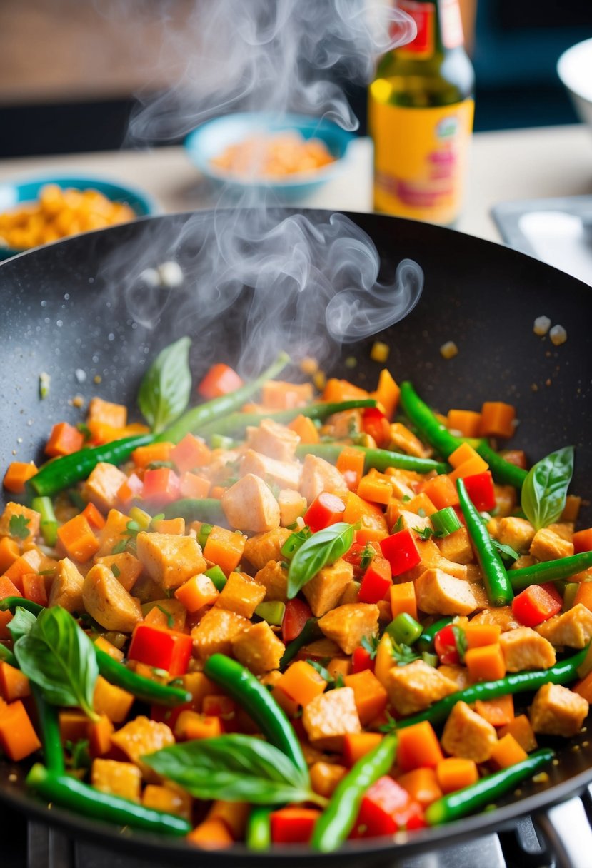 A sizzling wok filled with colorful vegetables and diced chicken, steam rising as fragrant chili and basil aromas fill the air