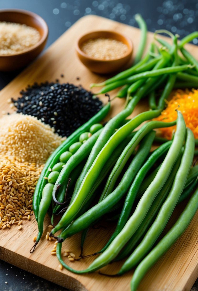 A colorful array of fresh long beans, sesame seeds, and other ingredients arranged on a wooden cutting board