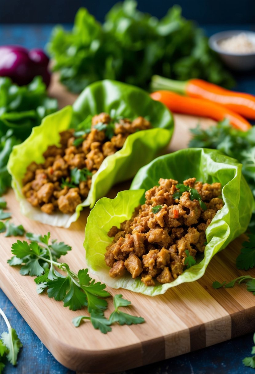 A pair of lettuce wraps filled with seasoned ground turkey, surrounded by fresh vegetables and herbs on a wooden cutting board