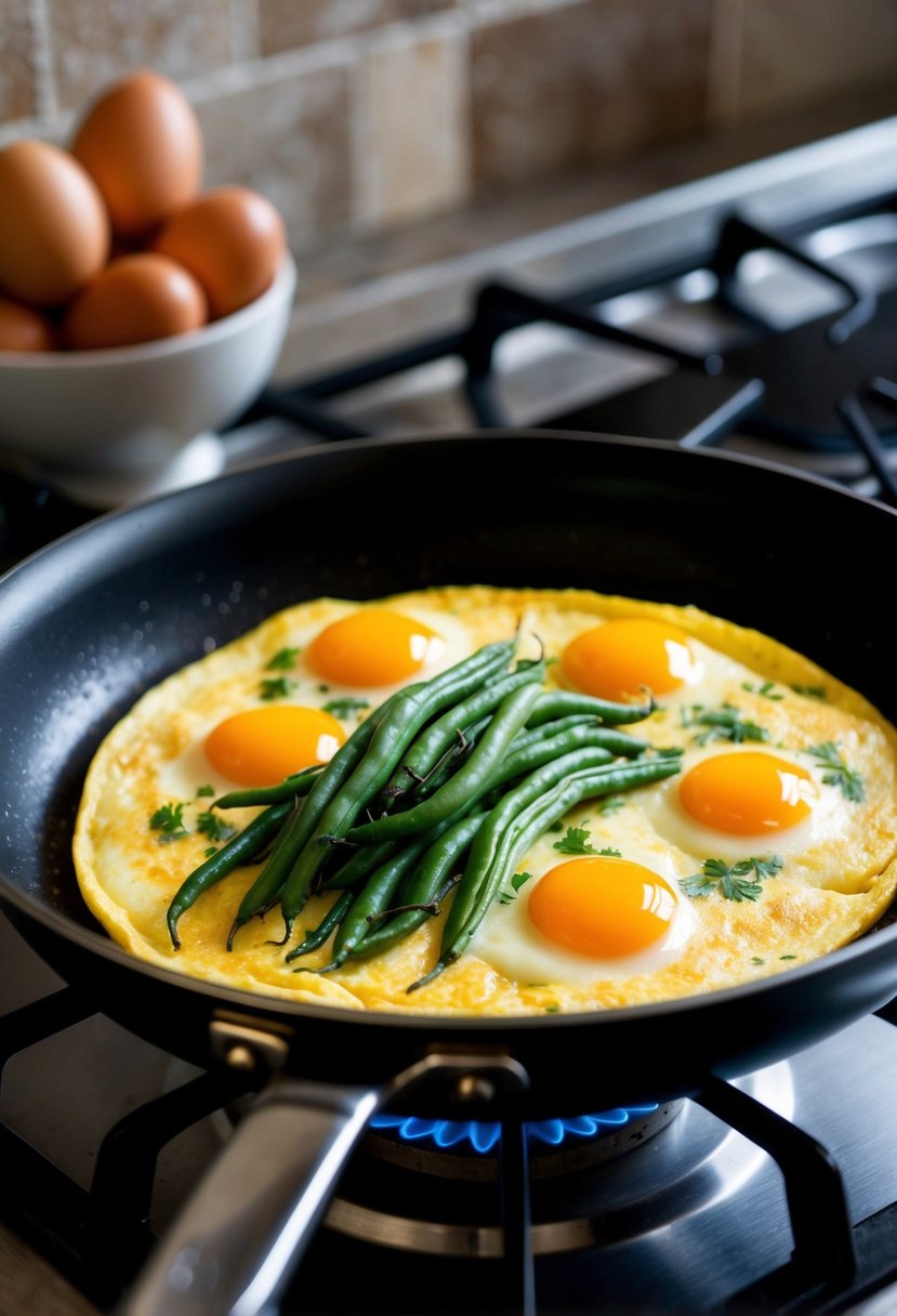 A sizzling omelette filled with tender long beans and golden eggs in a hot skillet on a stove