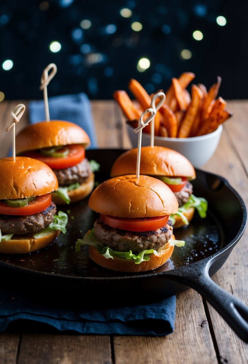 A sizzling skillet with three turkey burger sliders, topped with lettuce and tomato, alongside a side of crispy sweet potato fries