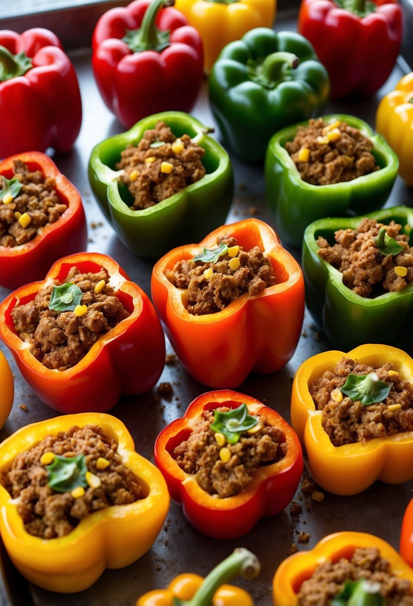 A colorful array of bell peppers, filled with seasoned ground turkey, sit on a baking sheet ready to be cooked