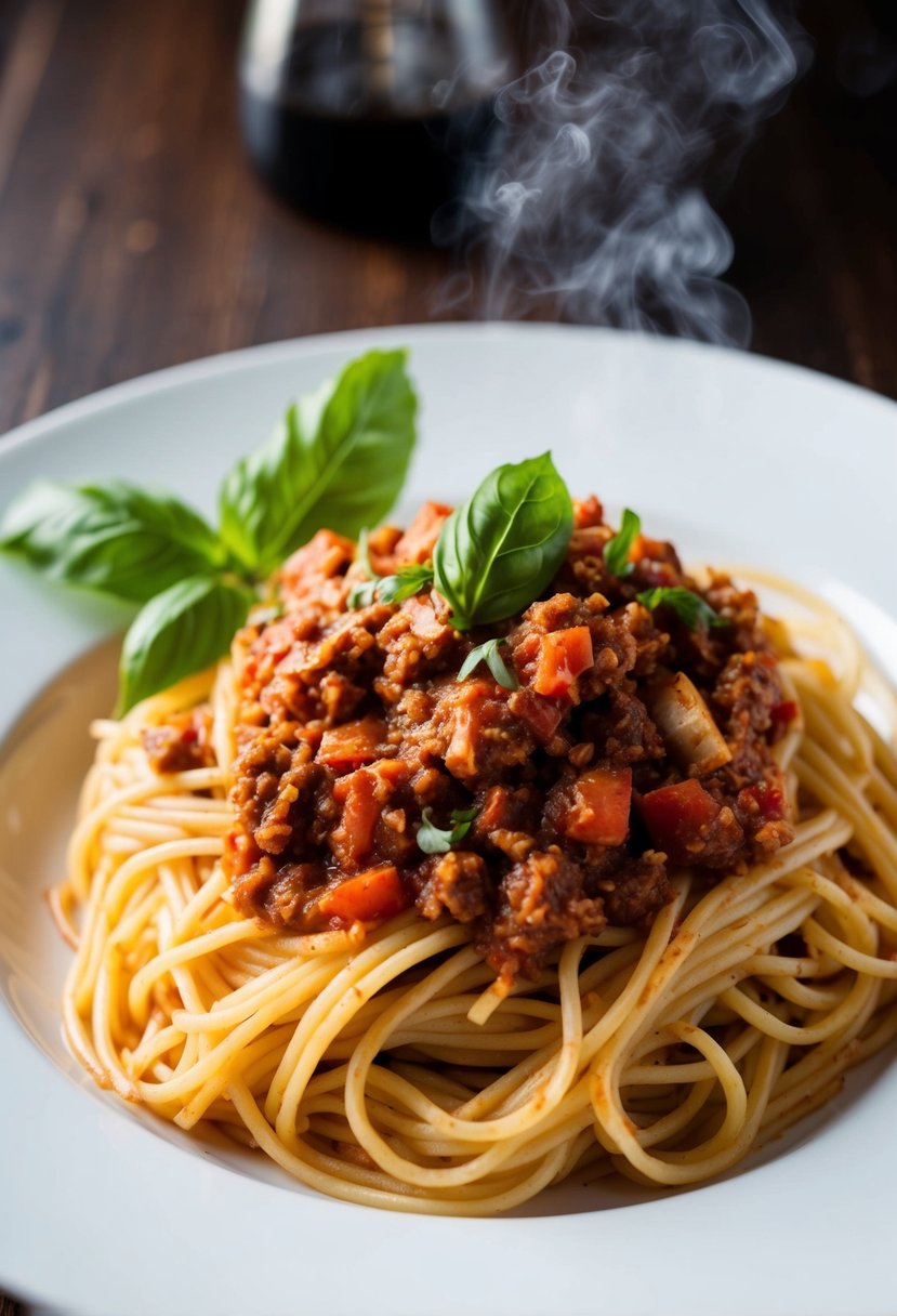 A steaming plate of spaghetti topped with turkey bolognese sauce, garnished with fresh basil leaves