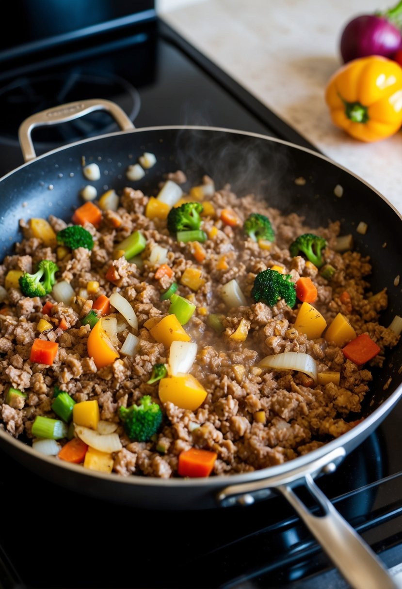 A sizzling skillet filled with ground turkey, onions, and colorful vegetables cooking together over a hot stove