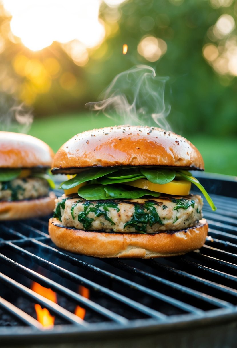 A sizzling turkey and spinach burger cooking on a hot grill. Spinach leaves and ground turkey are visible in the patty