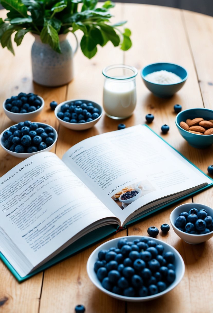 A table set with fresh blueberries, almond milk, and a variety of vegan baking ingredients. A cookbook open to a blueberry recipe