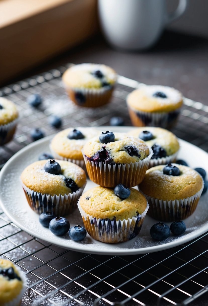 A plate of freshly baked vegan blueberry muffins cooling on a wire rack, with a scattering of blueberries and a dusting of powdered sugar