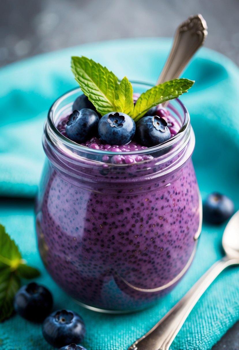 A glass jar filled with vibrant purple blueberry chia seed pudding, topped with fresh blueberries and a sprig of mint