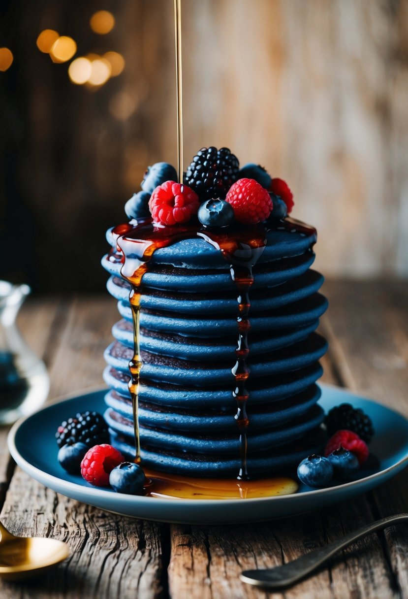 A stack of fluffy blueberry pancakes topped with fresh berries and drizzled with maple syrup on a rustic wooden table