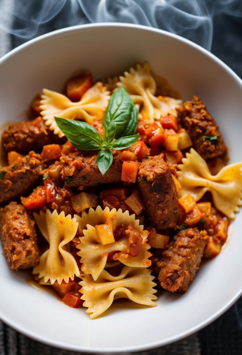 A steaming bowl of bowtie pasta with Italian sausage, tossed in a rich tomato sauce and garnished with fresh basil leaves