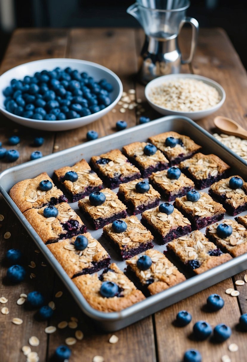 A rustic kitchen counter with scattered blueberries, oats, and a baking tray of freshly baked vegan blueberry oatmeal bars