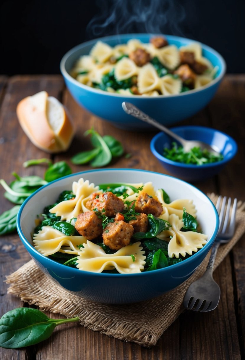 A steaming bowl of bowtie pasta with Italian sausage, spinach, and savory herbs, set on a rustic wooden table