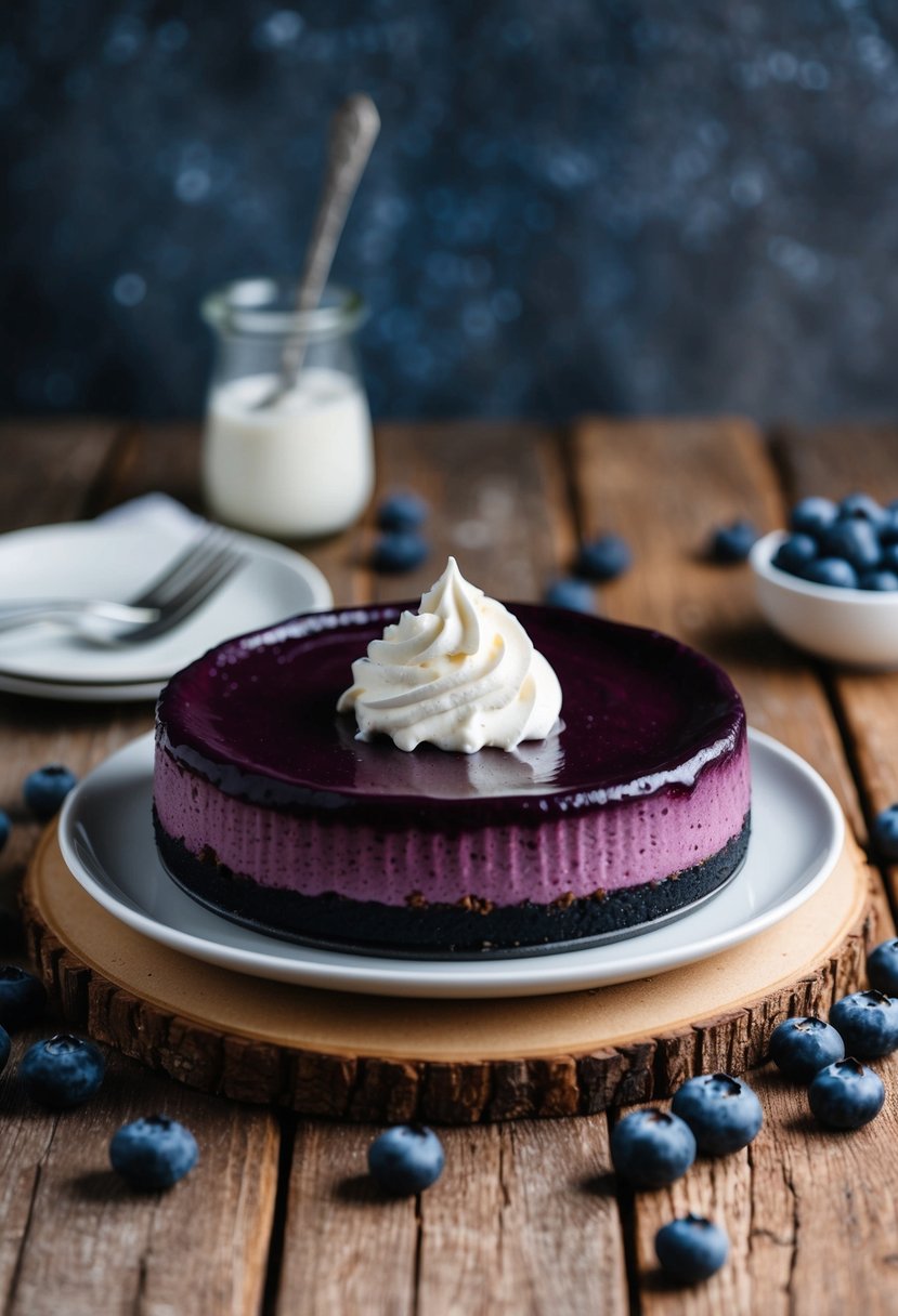 A vegan blueberry cheesecake sits on a rustic wooden table, surrounded by fresh blueberries and a dollop of coconut whipped cream