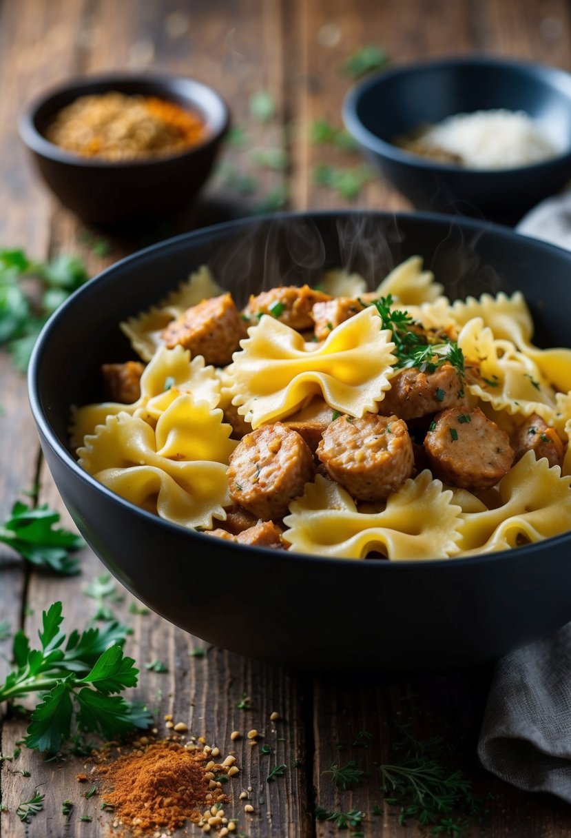 A steaming bowl of creamy Cajun sausage bowtie pasta sits on a rustic wooden table, surrounded by scattered herbs and spices