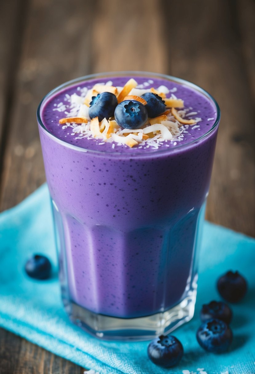 A glass filled with a vibrant purple-blue smoothie, topped with shredded coconut and fresh blueberries