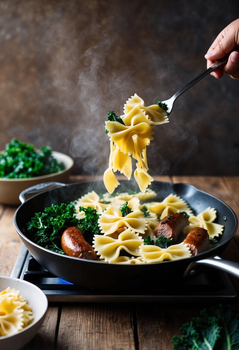 A rustic kitchen scene with a pot of boiling bowtie pasta, Tuscan sausage, and fresh kale being sautéed in a skillet