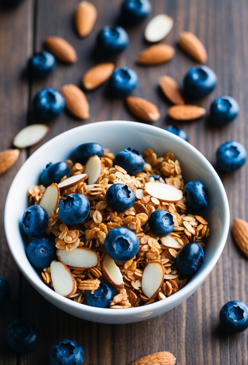 A bowl of blueberry almond granola with fresh blueberries and almond slices scattered on a wooden table