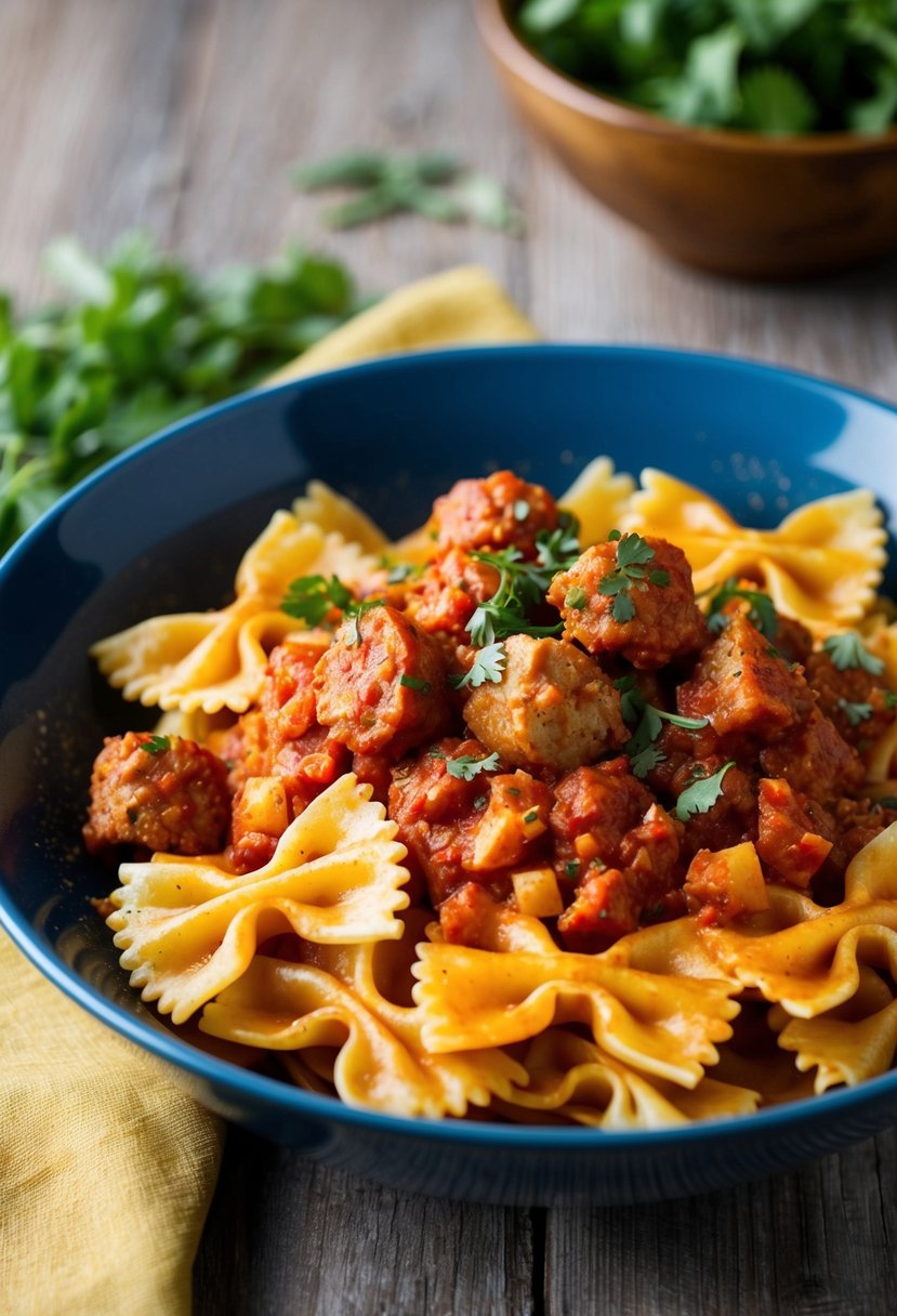 A steaming bowl of bowtie pasta coated in spicy marinara sauce, topped with chunks of Italian sausage and sprinkled with fresh herbs