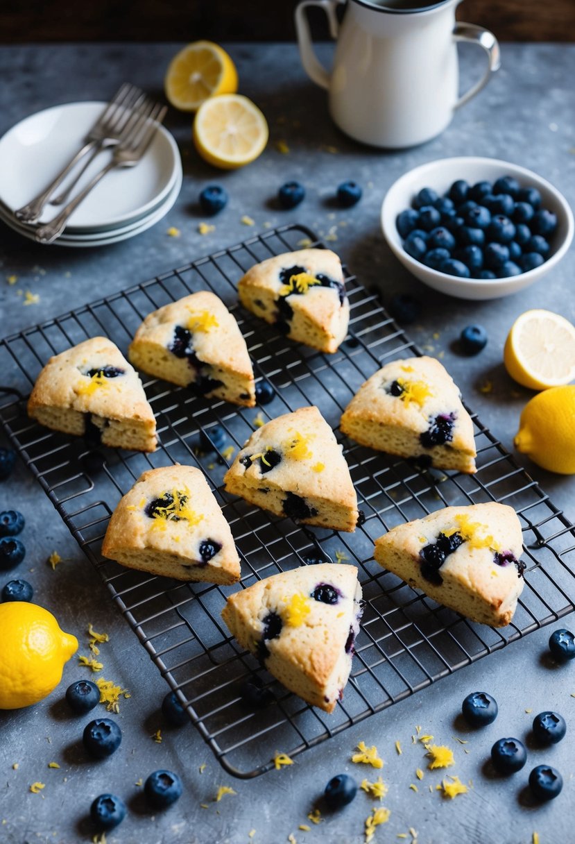 A rustic kitchen counter with freshly baked vegan blueberry lemon scones cooling on a wire rack, surrounded by scattered blueberries and lemon zest