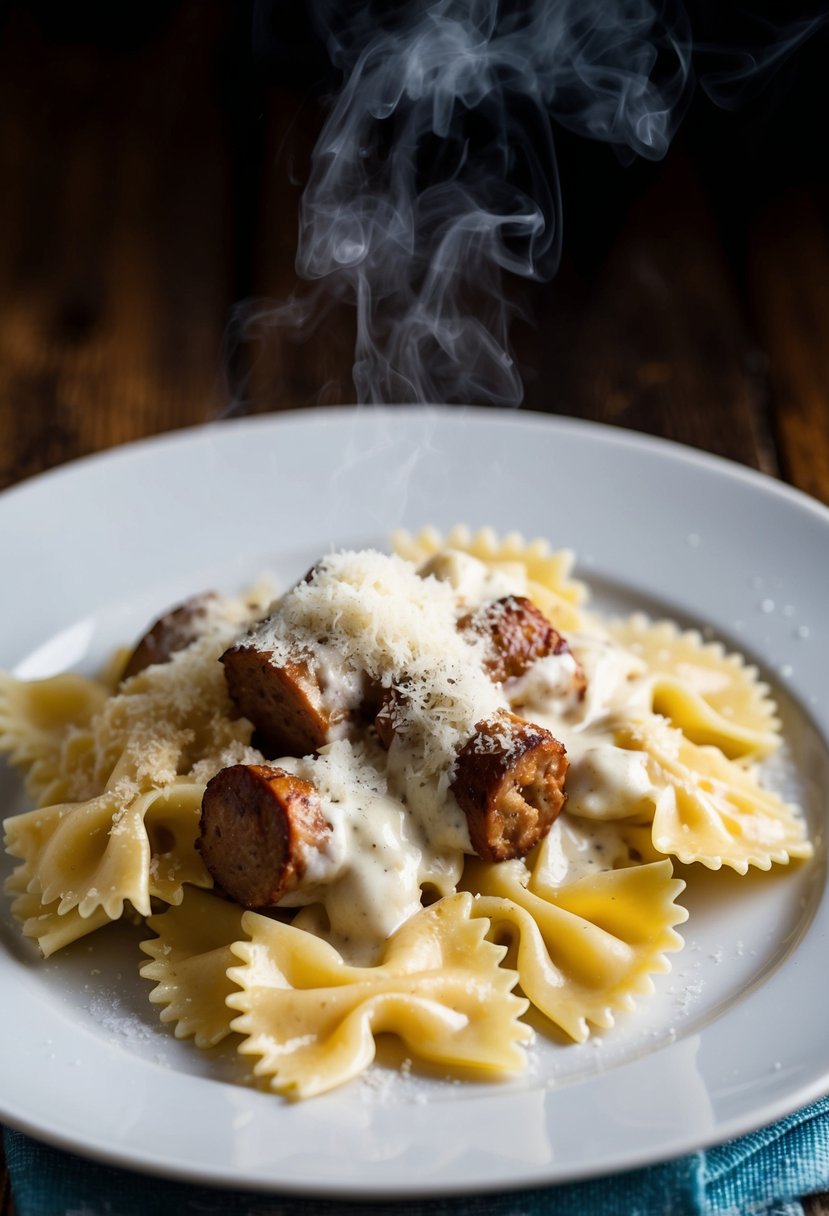 A steaming plate of bowtie pasta with Italian sausage in creamy alfredo sauce, topped with freshly grated Parmesan cheese