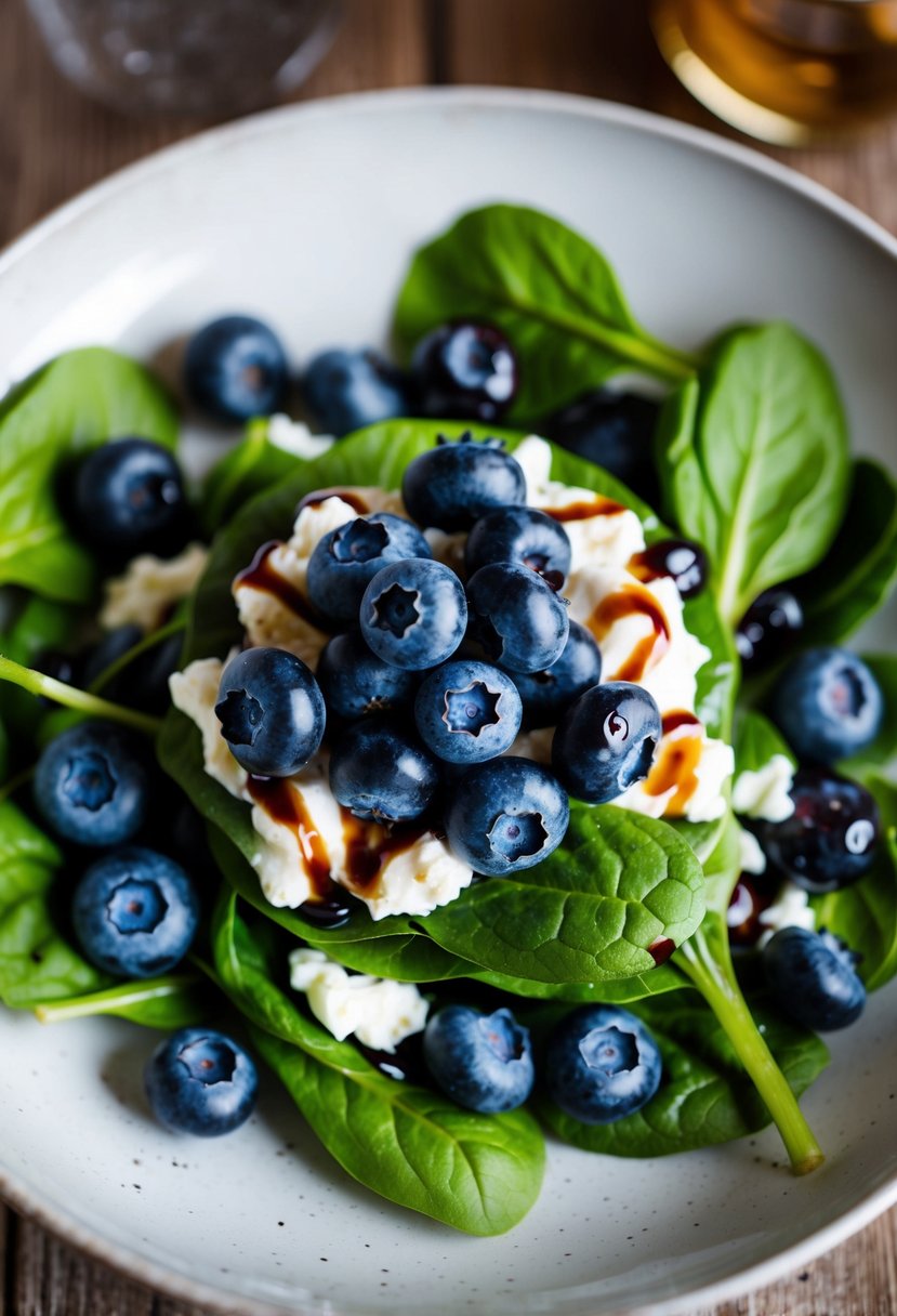 A vibrant blueberry spinach salad with fresh blueberries, spinach leaves, and a drizzle of balsamic vinaigrette on a white ceramic plate