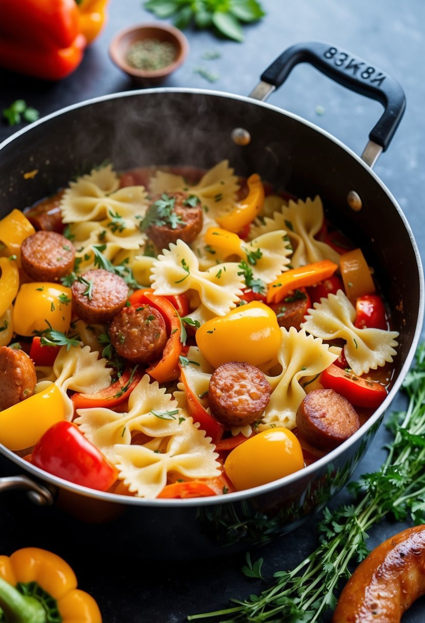 A bubbling pot of bowtie pasta and vibrant bell peppers, surrounded by sizzling Italian sausage and fresh herbs