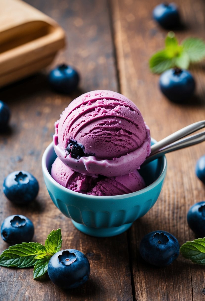 A scoop of vibrant blueberry ice cream surrounded by fresh blueberries and a sprig of mint on a rustic wooden table