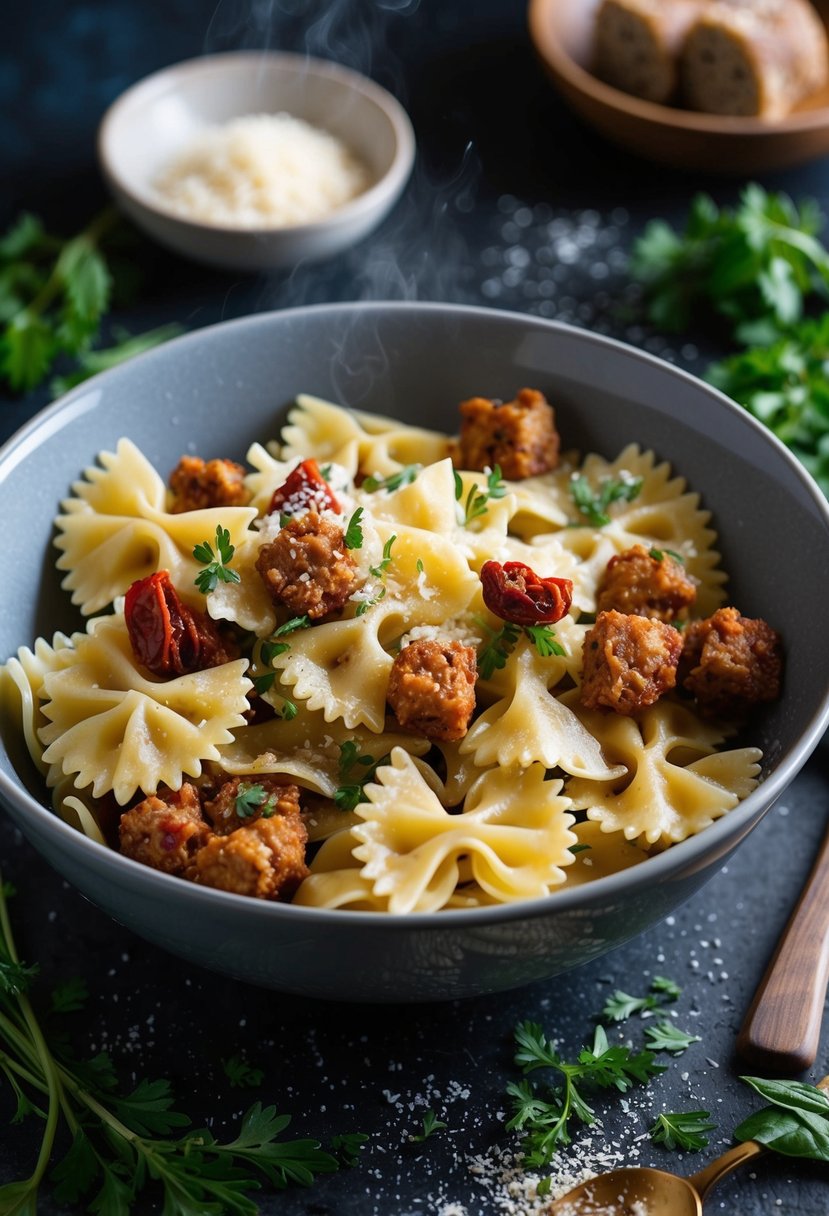 A steaming bowl of bowtie pasta with chunks of Italian sausage and scattered sundried tomatoes, surrounded by fresh herbs and a sprinkle of parmesan cheese