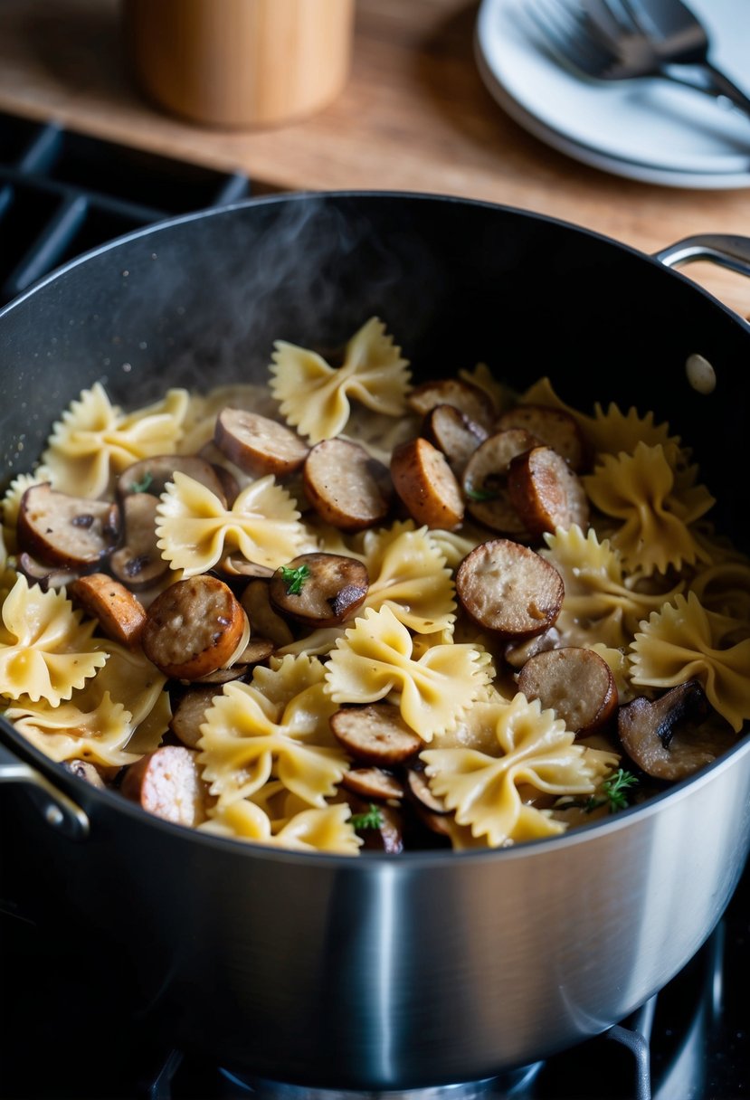 Italian sausage, mushrooms, and bowtie pasta simmering in a large pot on a stovetop