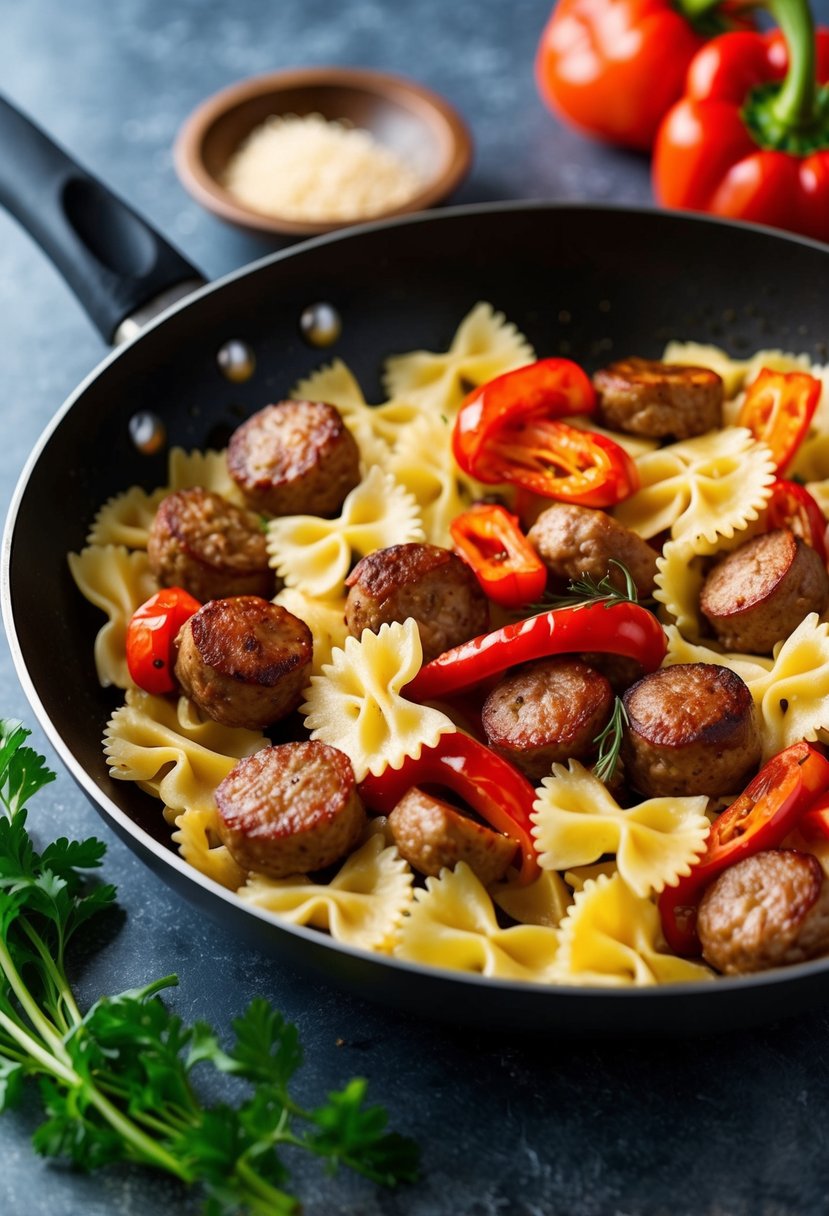 A sizzling pan of Italian sausage and roasted red peppers tossed with bowtie pasta