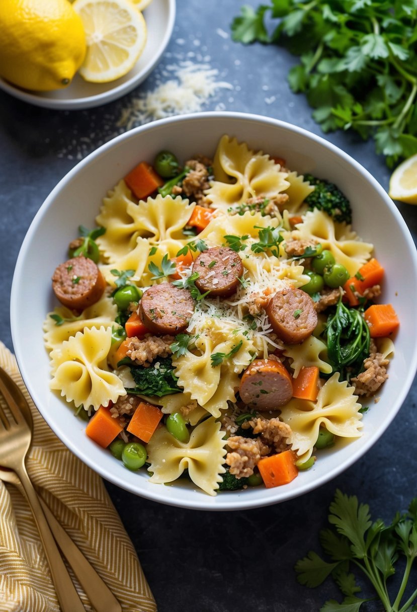 A colorful bowl of Lemon Sausage Pasta Primavera with vibrant vegetables and bowtie pasta, topped with grated cheese and fresh herbs