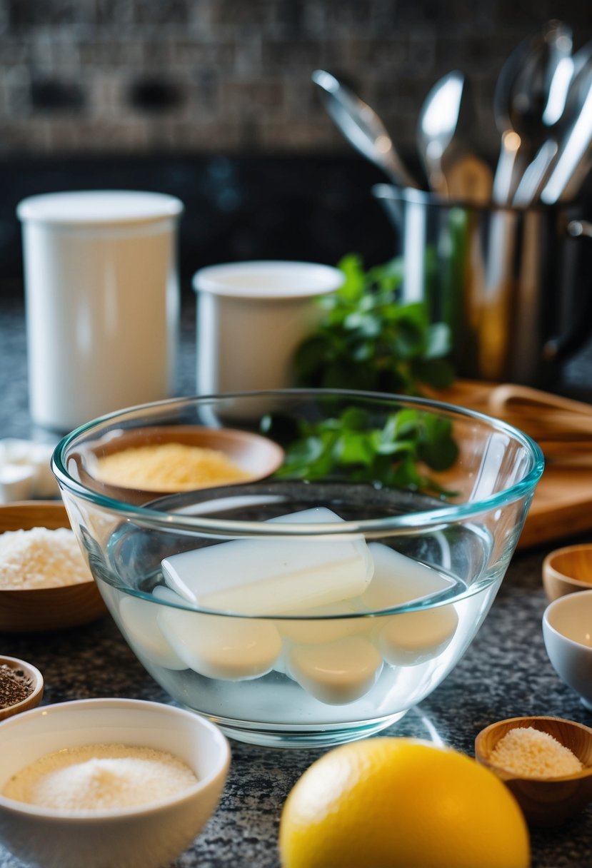 A clear glass bowl filled with a mixture of agar agar powder and water, set on a kitchen counter surrounded by various ingredients and utensils