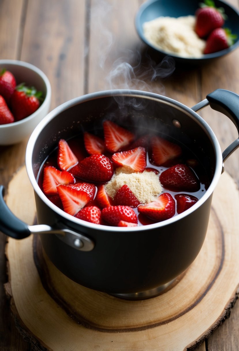 A pot simmering with blended strawberries and agar agar powder