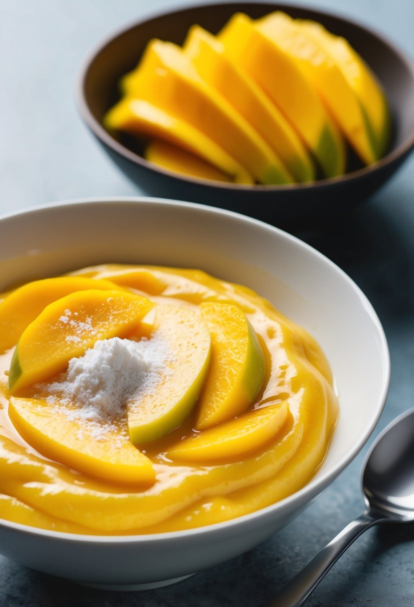 A bowl of mango pudding with fresh mango slices and a sprinkle of agar agar powder on top