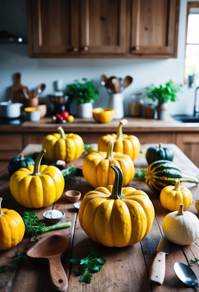 A rustic kitchen with a wooden table covered in fresh star squash, surrounded by colorful ingredients and cooking utensils