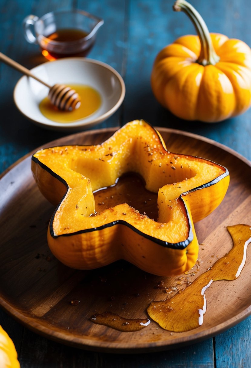 A whole roasted star squash drizzled with honey glaze on a rustic wooden serving platter