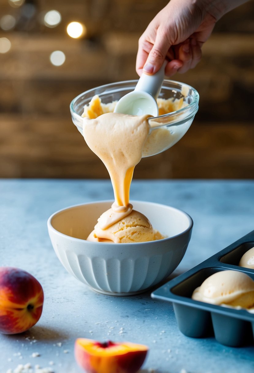 A bowl of peach ice cream mixture being poured into bar molds