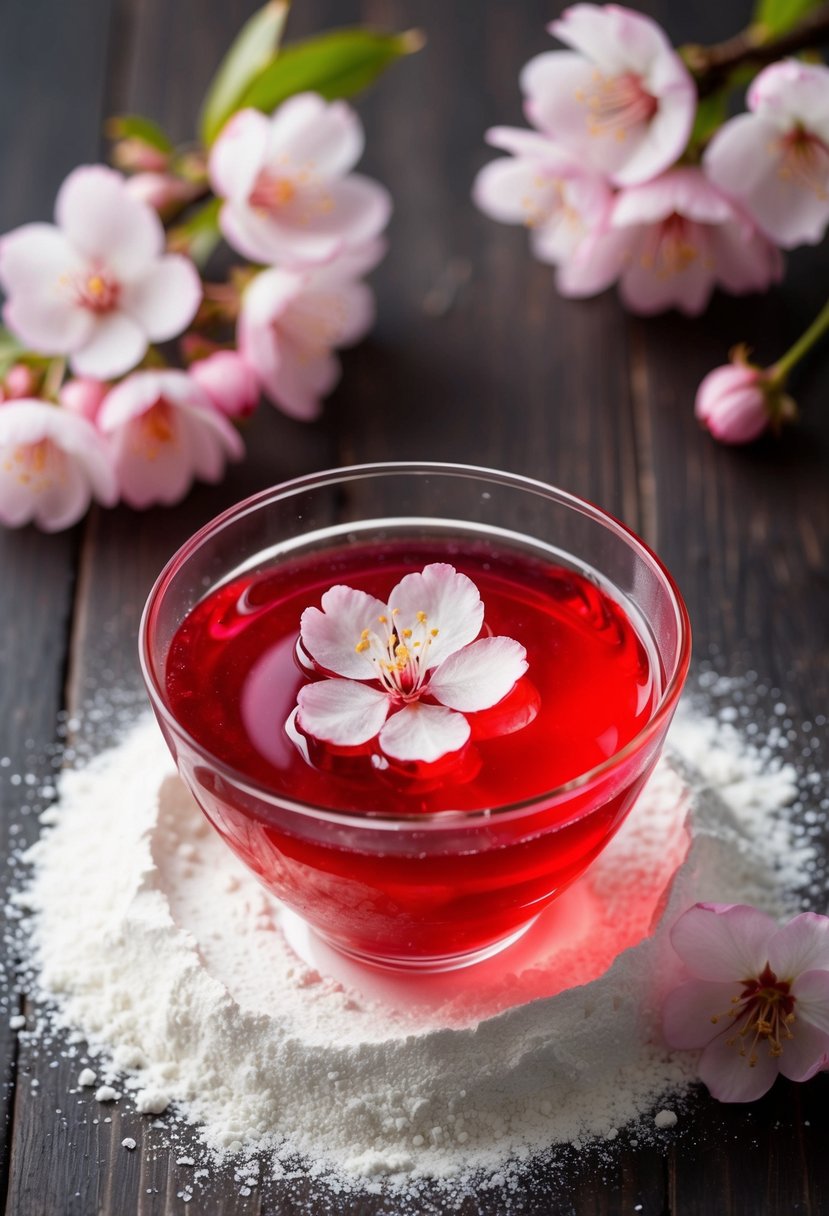 A glass bowl filled with cherry blossom jelly, surrounded by agar agar powder and fresh cherry blossoms