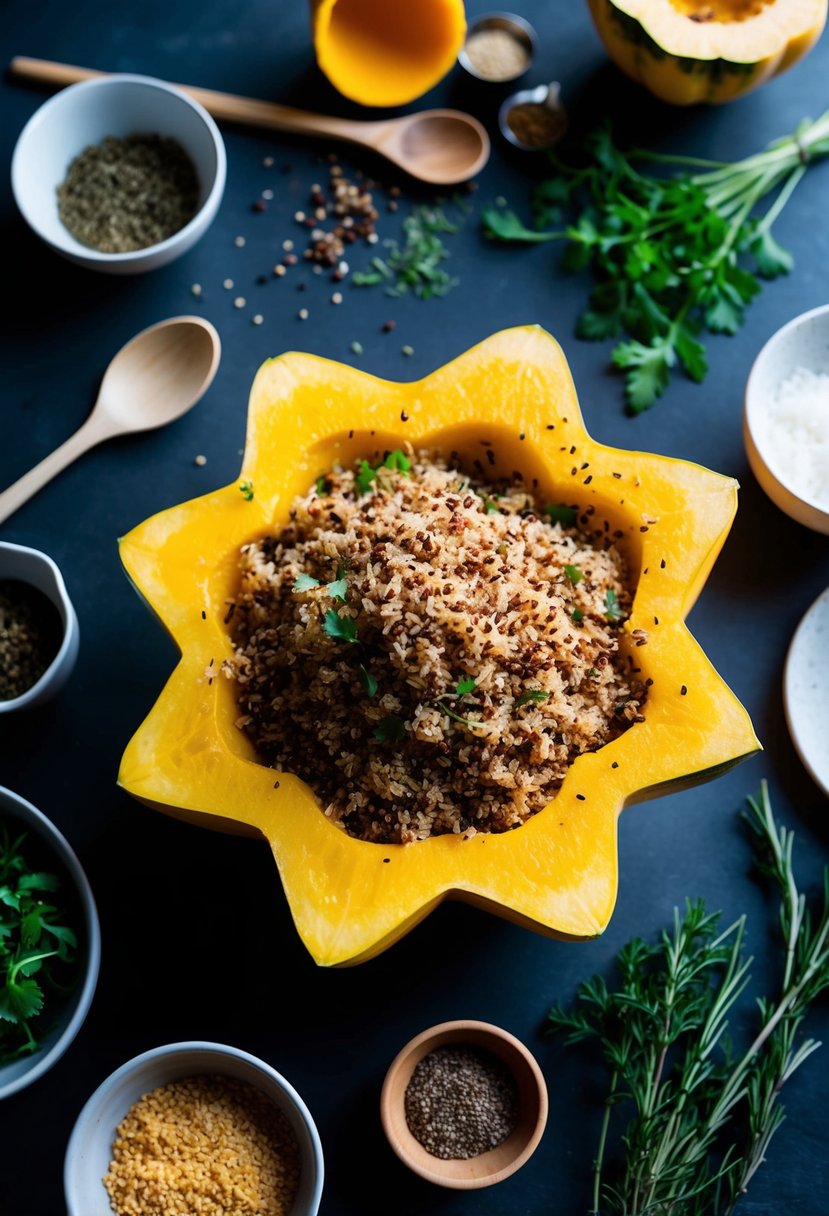 A star squash is cut open and filled with quinoa, surrounded by various ingredients like herbs, spices, and cooking utensils