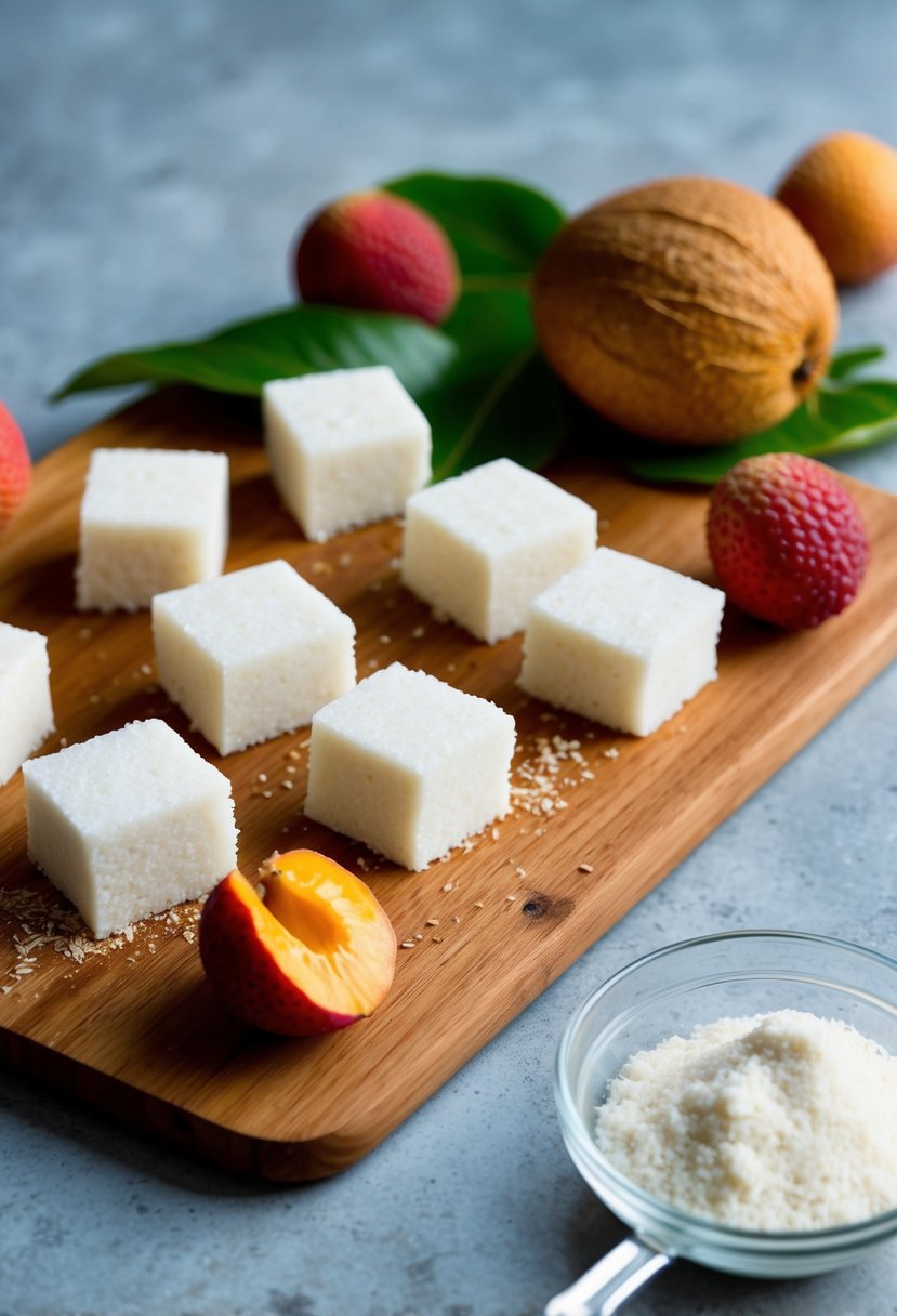 A cutting board with lychee coconut squares, agar agar powder, and fresh lychee fruit