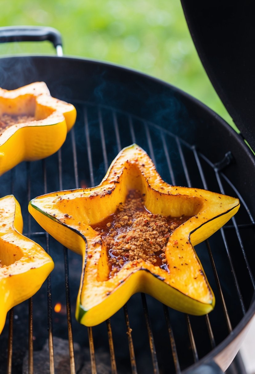 A star squash being grilled with spicy seasoning on a barbecue