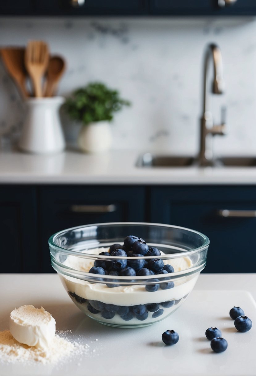 A mixing bowl with blueberries, agar agar powder, and cream cheese on a kitchen counter