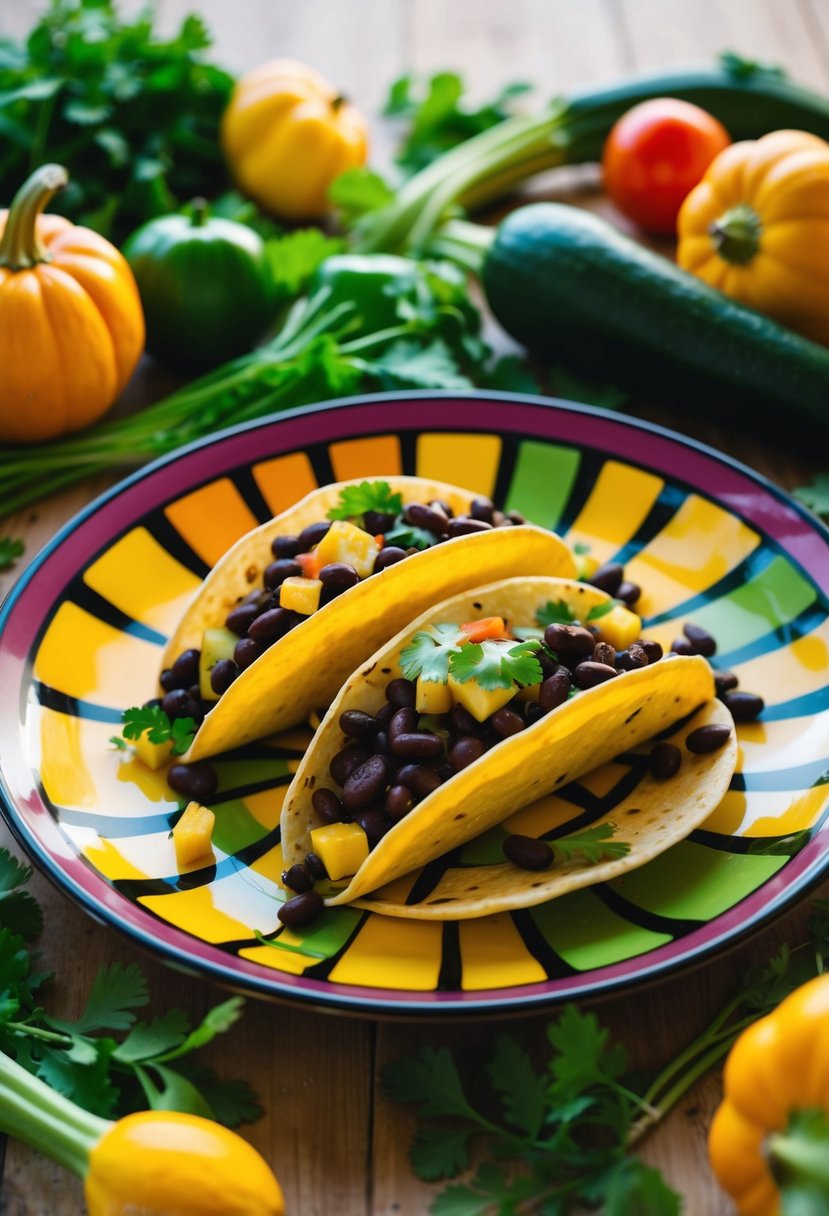 A colorful plate of star squash and black bean tacos on a wooden table, surrounded by fresh vegetables and herbs