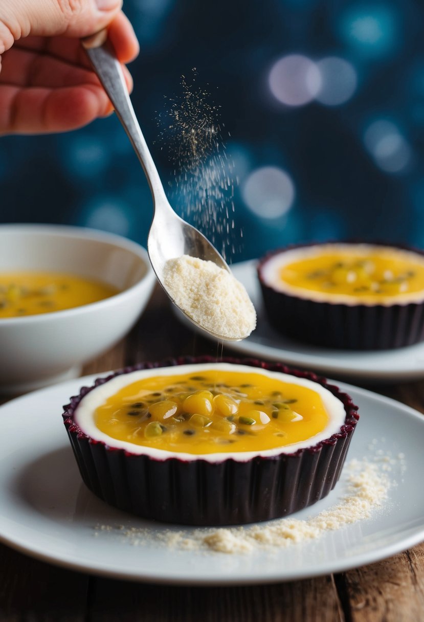 A passion fruit tart being set with agar agar powder