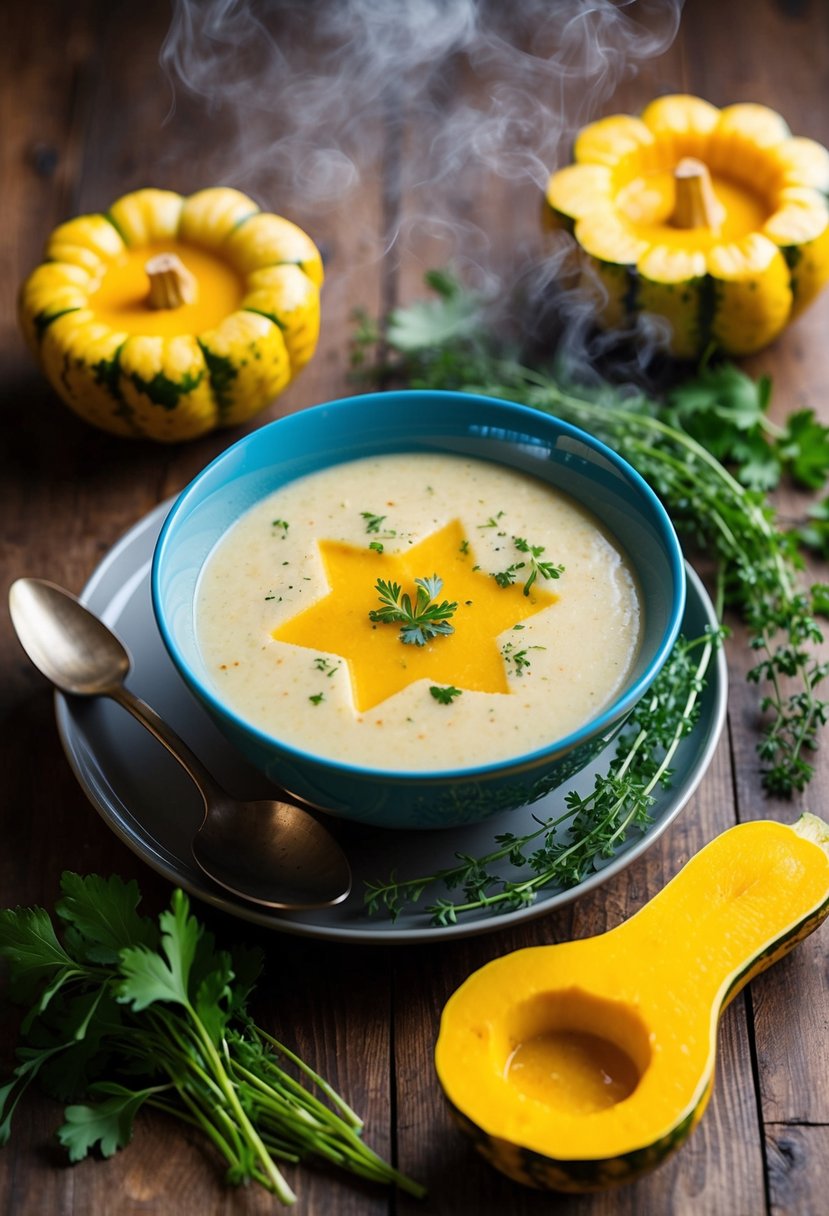 A steaming bowl of creamy star squash soup surrounded by fresh star squash, herbs, and a rustic spoon on a wooden table