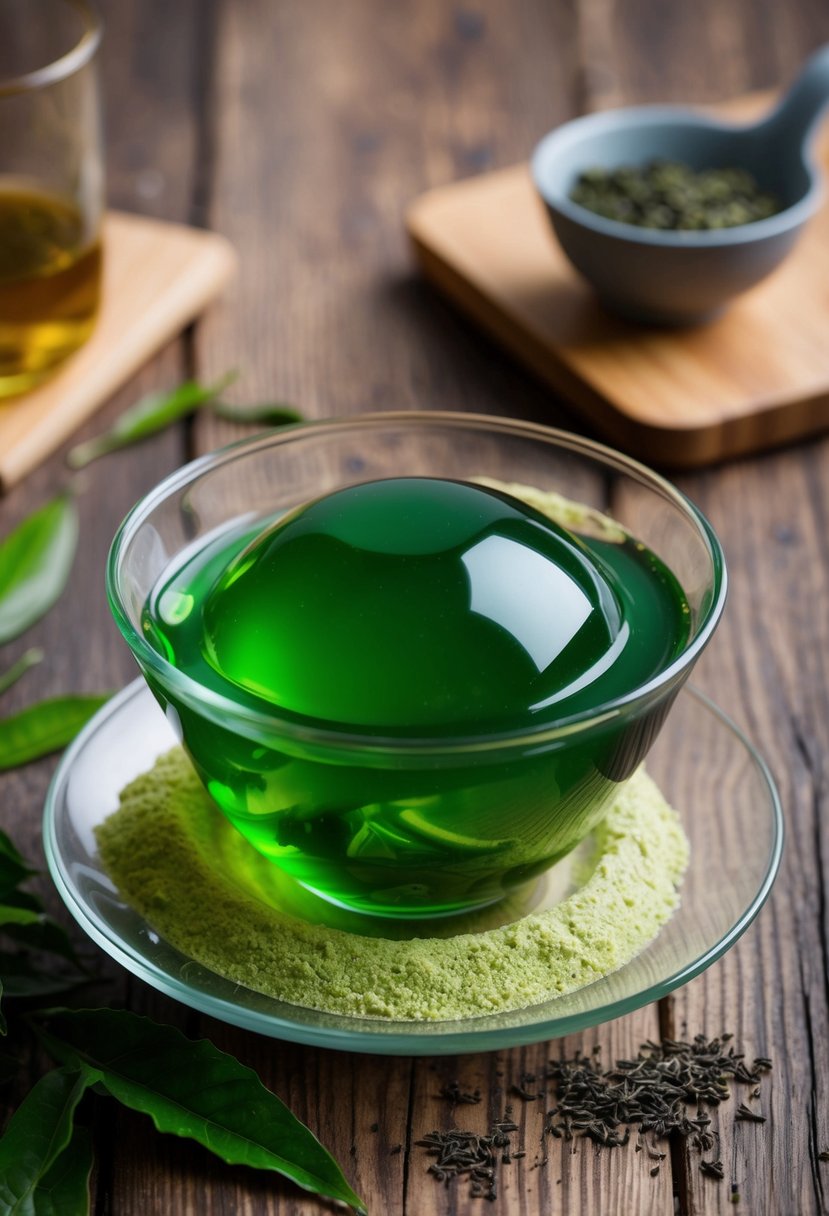 A glass bowl filled with green tea jelly, surrounded by agar agar powder and loose tea leaves on a wooden tabletop