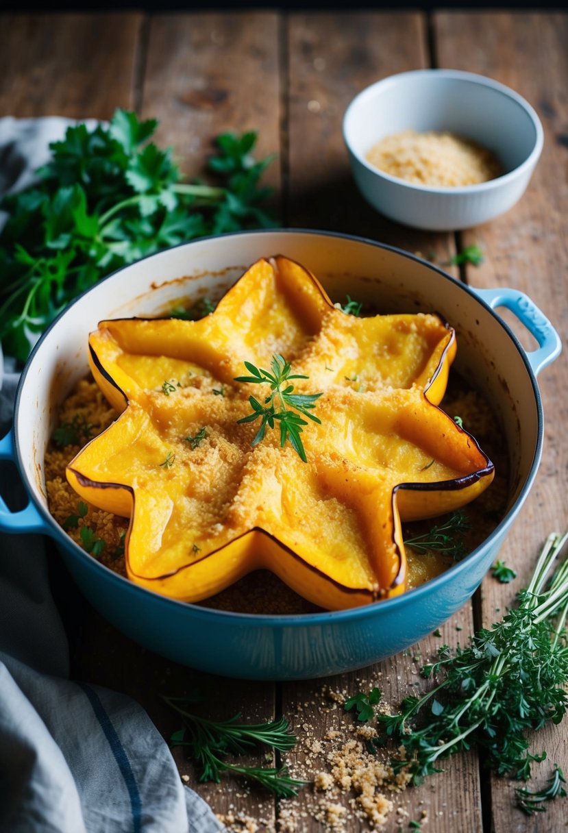 A rustic kitchen table set with a steaming casserole dish of golden-brown star squash, surrounded by fresh herbs and a scattering of breadcrumbs